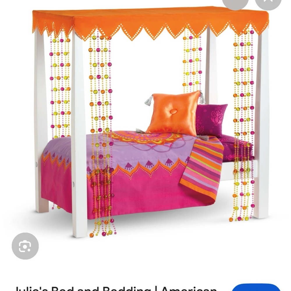 American Girl Doll Bed with Orange Canopy and Pink Bedding